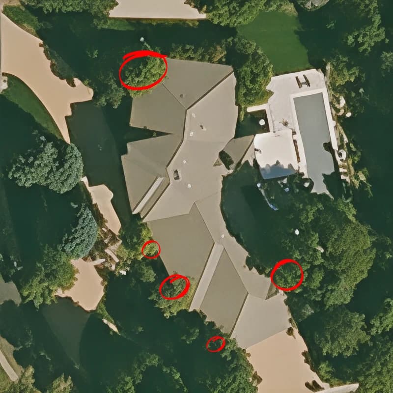 Aerial view of a home with a circled tree