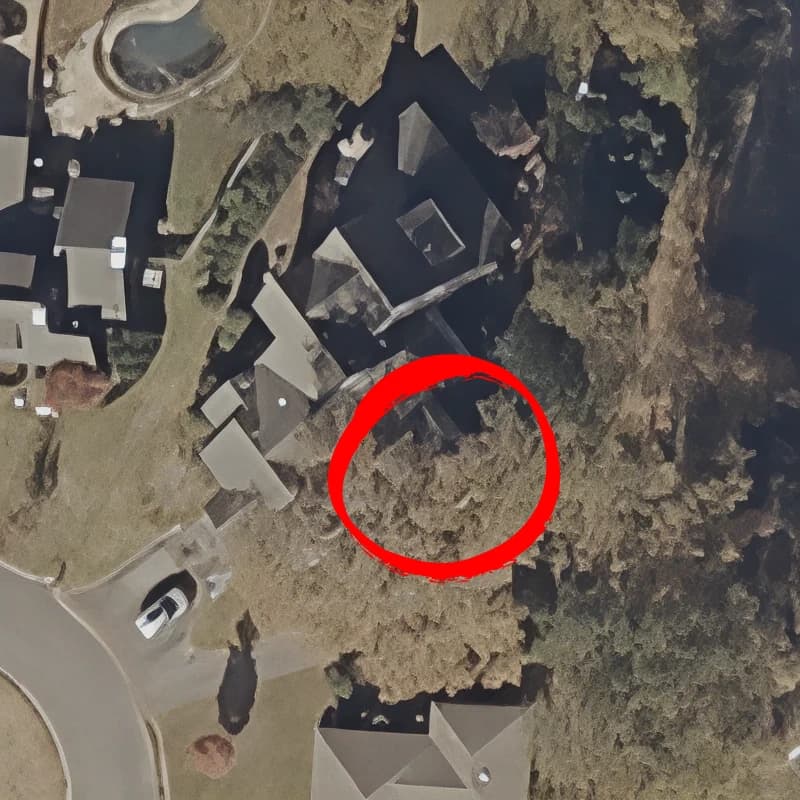 Aerial imagery of a home with a flagged tree.