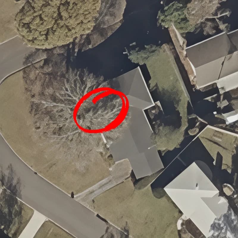 Aerial imagery of a home with a flagged tree.